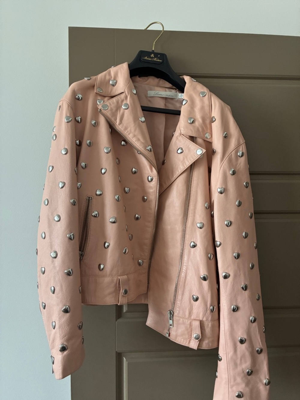 Lamarque Blush Pink Heart-Studded Leather Moto Jacket